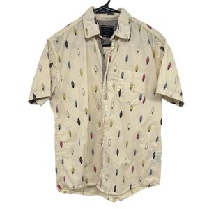 Surfboard Print Button Up Shirt Small Cream Coastal Beach Y2K Resort Surf